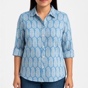 French Curve 100% Cotton Paisley button down Shirt Womens M Blue / White